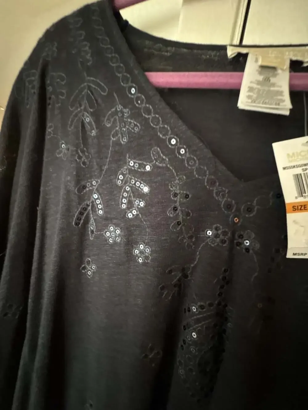 Michael Kors New Navy Embroidered Sequin V-Neck Linen Blend Caftan Top